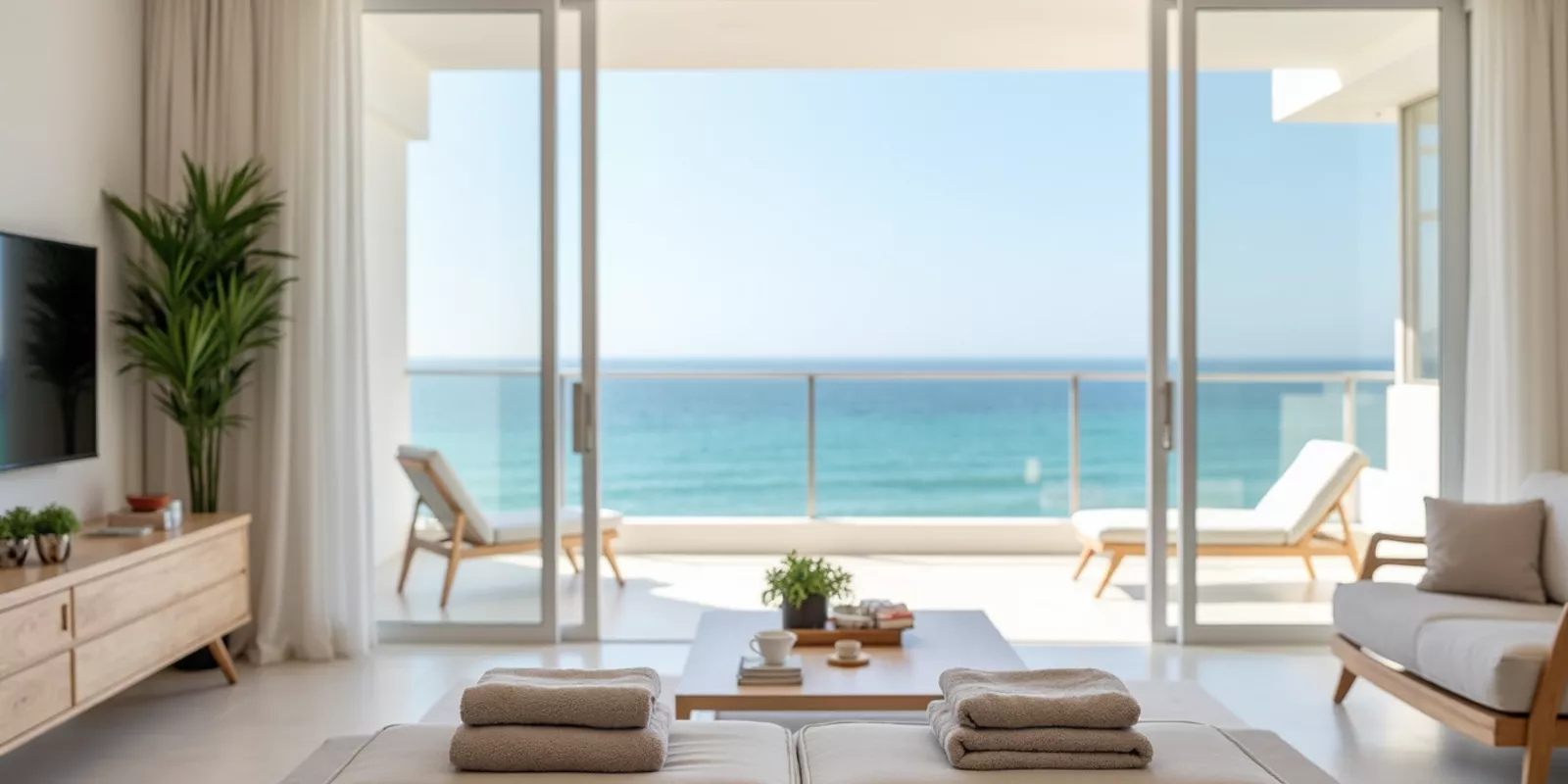 Sala de condominio con vista al mar lista para huéspedes de renta vacacional en Los Cabos